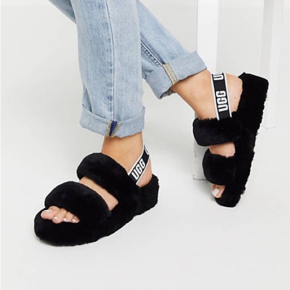 UGG Oh Yeah Sheep Skin Slides Black Size 6